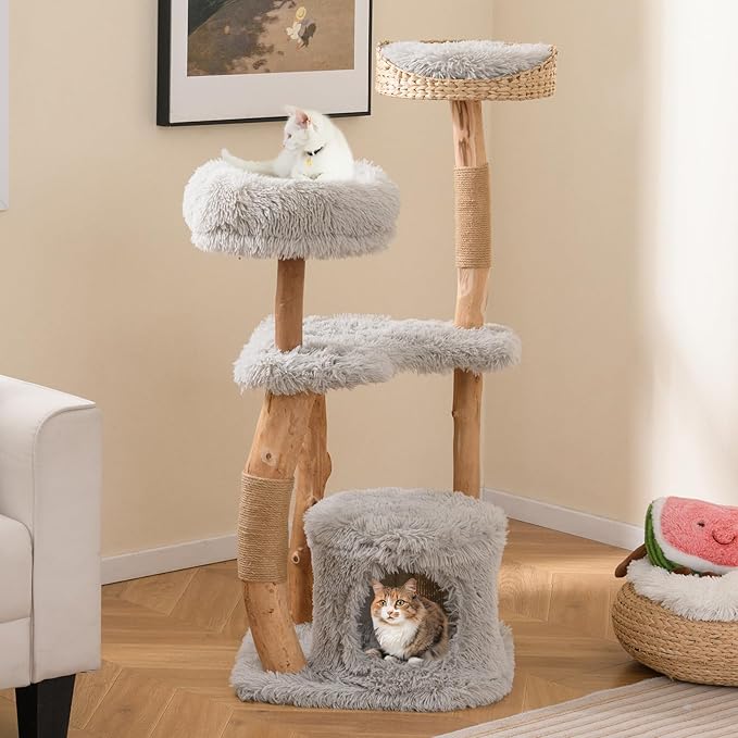 PETSITE 49 inch Cat Tree for Indoor Cats, Cute Solid Wood Modern Multi-Level Cat Tower with Scratching Posts, Top Cattail Basket Cat Bed, Side Perch, Large Platform, and Condo (Grey)