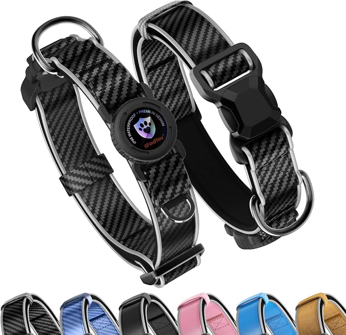 Leather AirTag Dog Collar, Magnetic Buckle, Reflective, C-Black M