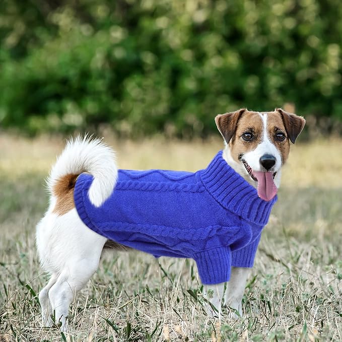 Queenmore Small Dog Pullover Sweater, Cold Weather Cable Knitwear, Classic Turtleneck Thick Warm Clothes for Chihuahua, Bulldog, Dachshund, Pug (Royal Blue, X-Large)