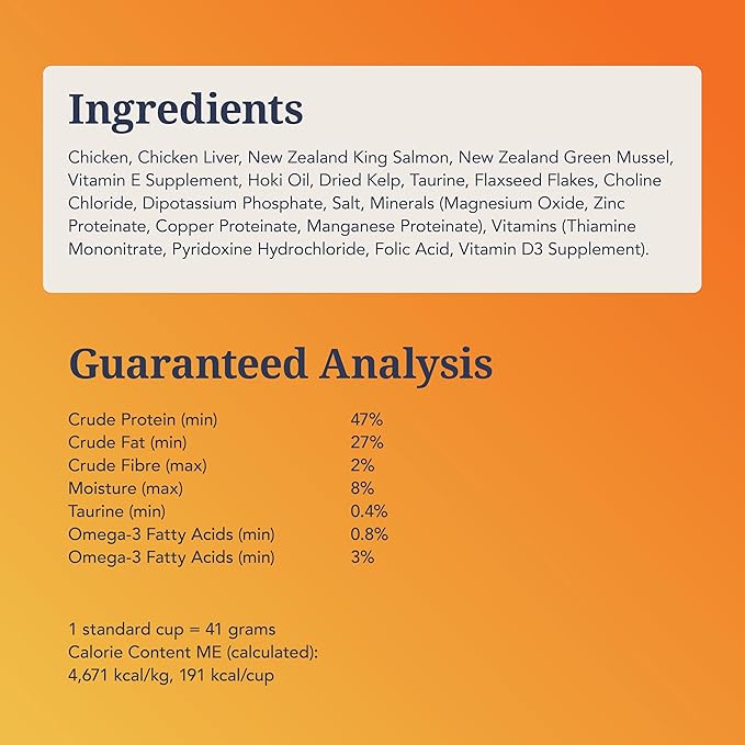 Feline Natural Freeze Dried Cat Food - Grain-Free and High Protein Cat Food from New Zealand, Complete Meal or Topper for Kittens, Adults, and Senior Cats, Chicken and King Salmon, 100g