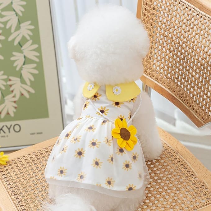 Dog Dress Soft Breathable Puppy Dresses Elegant Princess Lace Floral Pet Dress with Sunflower for Small Dog