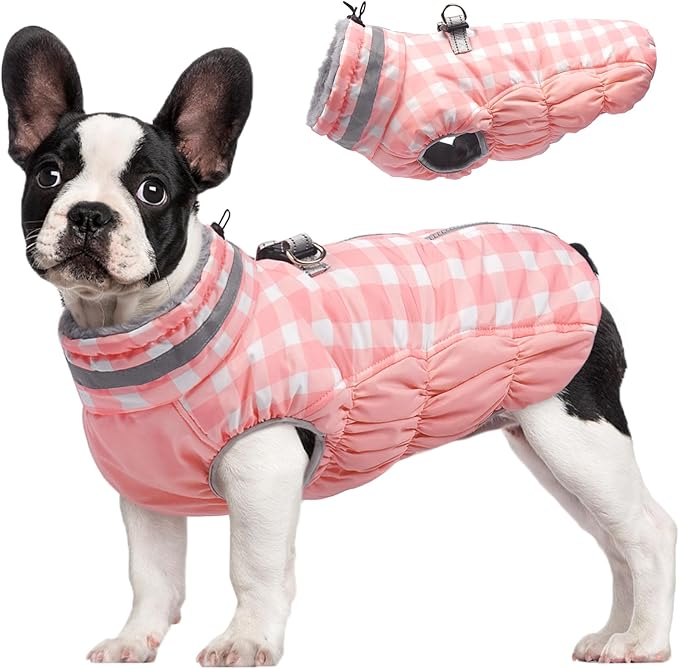 FUAMEY Dog Coat for Medium Dogs,Waterproof Dog Winter Jacket with Harness Built in Puppy Cold Weather Coats Reflective Pet Vest with Zipper Warm Fleece Dogs Snowsuit Windproof Pink Plaid M