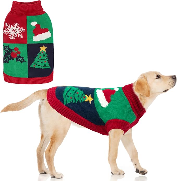 KOOLTAIL Christmas Dog Sweater, Knitted Turtleneck Pullover, Red Green Color Dog Sweatshirt, Thick Warm Winter Clothes for Small to Large Dogs, Boys & Girls