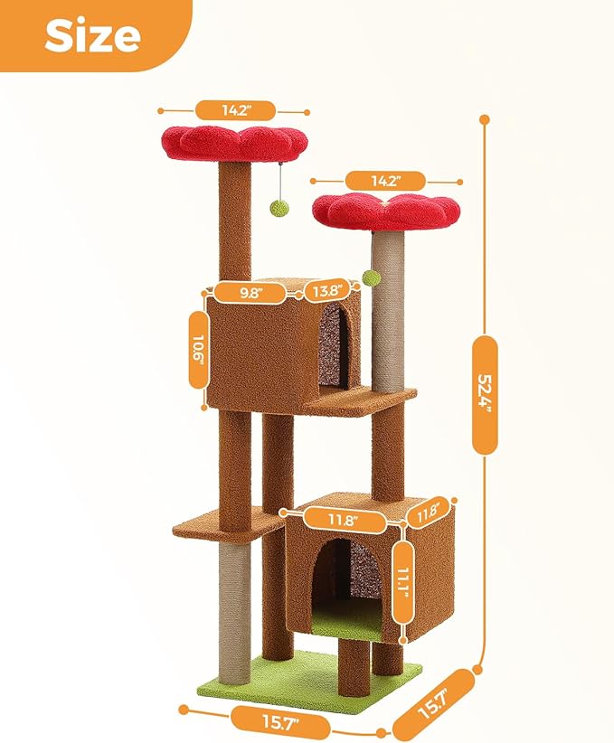 MUTTROS Cat Tree for Indoor Cats, 52.4" Tall Cat Tower with 2 Flower Perches, 2 Cozy Condos & 2 Sisal Scratching Posts - Multi-Level Kitty Climbing Furniture, Pet Playhouse for Adult Cats, Brown/Red