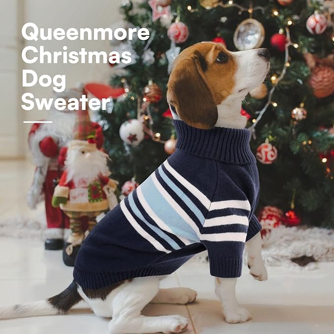 Queenmore Dog Striped Knitted Sweater, Turtleneck Pullover Pet Coat, Dog Winter Clothes with Leash Hole for Small Medium &Large Dogs(Navy Blue,XL)