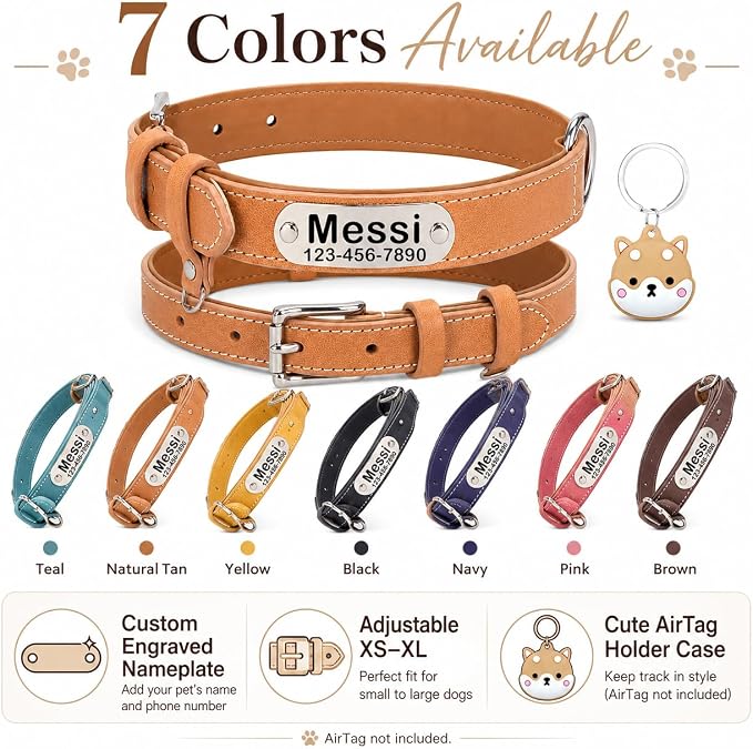 Personalized Genuine Leather Dog Collar with Name Phone Number-Khaki-M