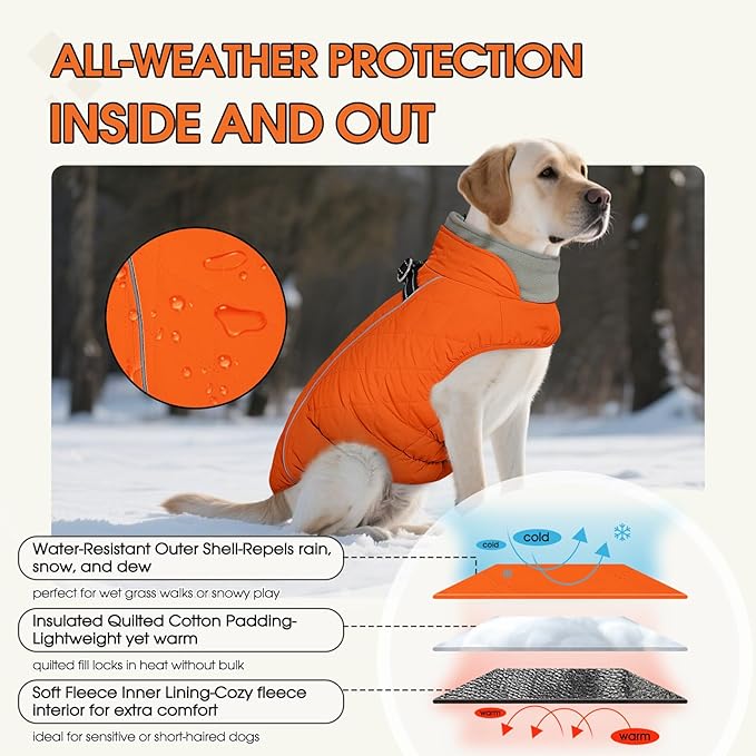 QBLEEV Dog Coat for Small Dogs, Winter Warm Fleece Vest, Waterproof & Windproof with Adjustable Fit, Built-in Harness, Reflective Trim & Zip-Up for Safe Cozy Walks — Orange, S, for Yorkie, Shih Tzu