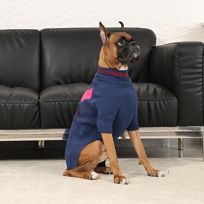 Dog Sweater For Medium Large Dogs, Cold Weather Cable Knit Pullover, Thick Warm Turtleneck Winter Clothes for French Bulldog, Labrador, Golden Retriever, German Shepherd, Great Dane- Blue XXXXL