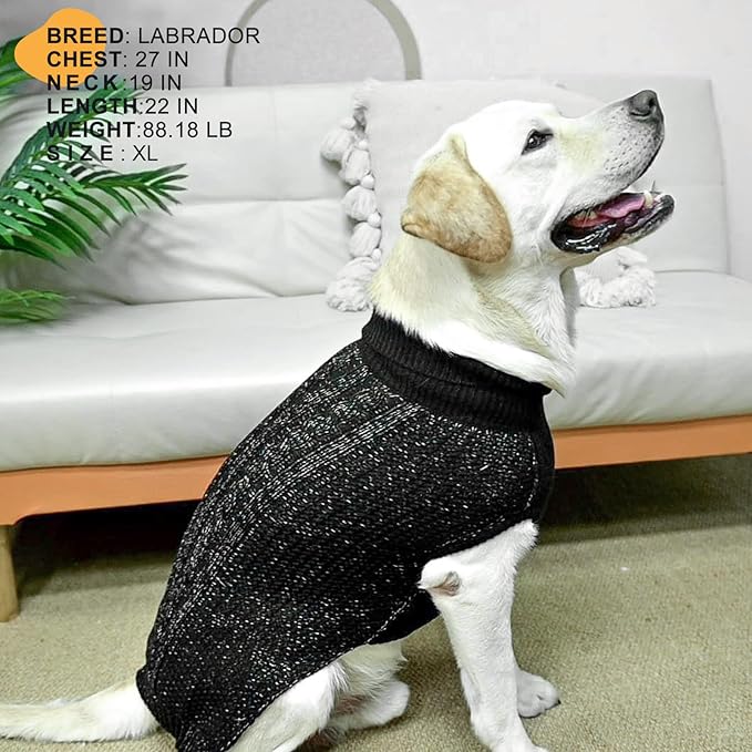 Medium Dog Sweater, Classic Cable Knit Warm Dog Sweatshirt with Reflective Yarn for Girl Boy, Halloween Fall Winter Coat Turtleneck Pullover Clothes Apparel for Small Medium Large Dogs Black M