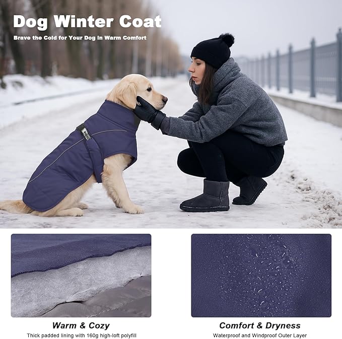 DoggieKit Dog Winter Coat, Waterproof Warm Jacket with Harness Built in, Reflective Cold Weather Doggie Vest, Windproof Turtleneck Pet Snowsuit, Adjustable Puffer Jacket for Large Dogs, Navy 5XL