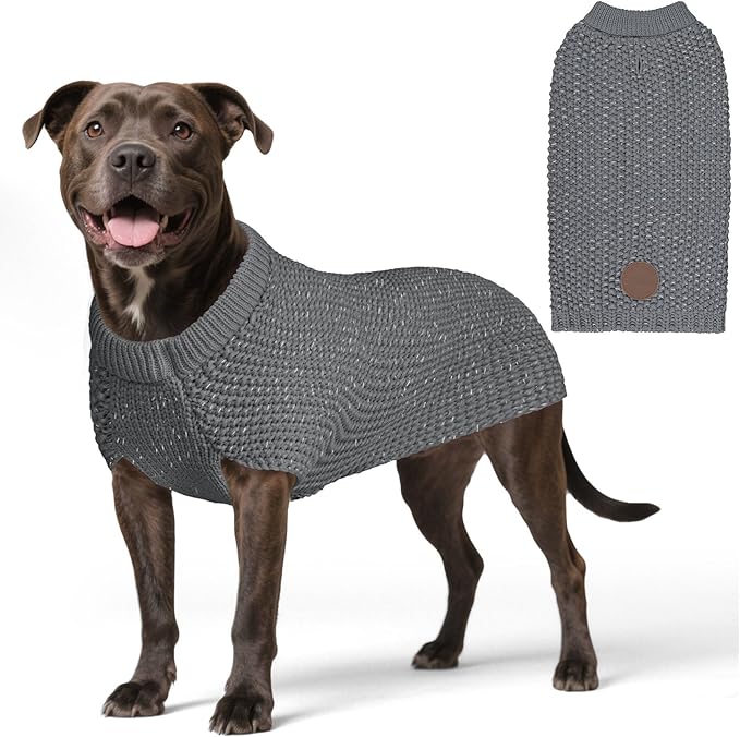 KYEESE Dog Sweater for Large Dogs with Leash Hole Warm Pullover with Reflective Yarn Male Thick Stretchy Knitwear Winter Soft Pet Coat boy for Cold Weather Comfy Dog Sweaters,Grey, XX-Large