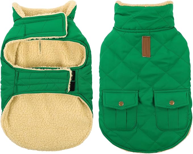 Queenmore Warm Dog Coat, Cold Weather Puffer Dog Coat Vest, Quilting Winter Pet Jacket Ultra Thick Plush Fleece Lining Pet Clothes for Dogs with Storage Pockets (Forest Green, Medium)