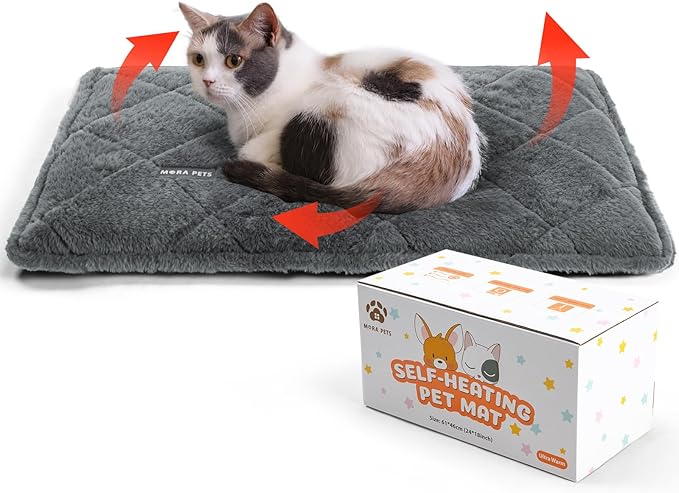 Mora Pets Self Heating Cat Bed Self Warming Cat Bed Thick Thermal Pet Bed Mat 24 x 18 Inches Removable Washable Cover for Outdoor Indoor Cats and Dogs Fur Grey Small