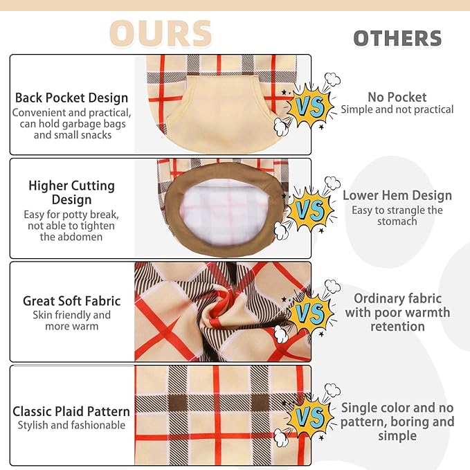 KOOLTAIL Plaid Dog Hoodie for Small Medium Large Dogs - Pet Clothes Sweater with Hat and Pocket for Cold Weather Winter, Warm Soft Dog Hooded Sweatshirt Coat Outfit for Puppy Cats Girls Boys Beige S