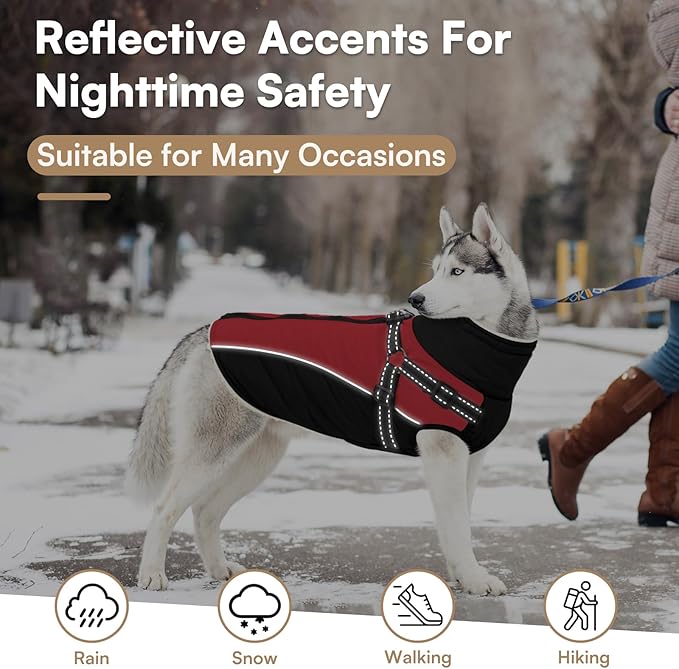 Queenmore Winter Dog Coat, Puffer Jacket with Harness Built-in for Small/Extra Small Dogs, Cold Weather Waterproof Snow Jacket - Fleece Lined, Reflective, Easy On, Adjustable, Zipper - Red/Black XS