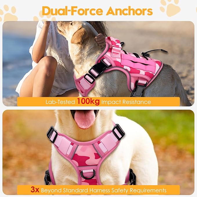 Heavy-Duty Tactical Dog Harness for Large Dogs, No Pull Adjustable Reflective Pet Vest with Molle System, K9 Military-Grade Control for Service Training, Outdoor & 10+ Breeds, Pink Camo, Medium