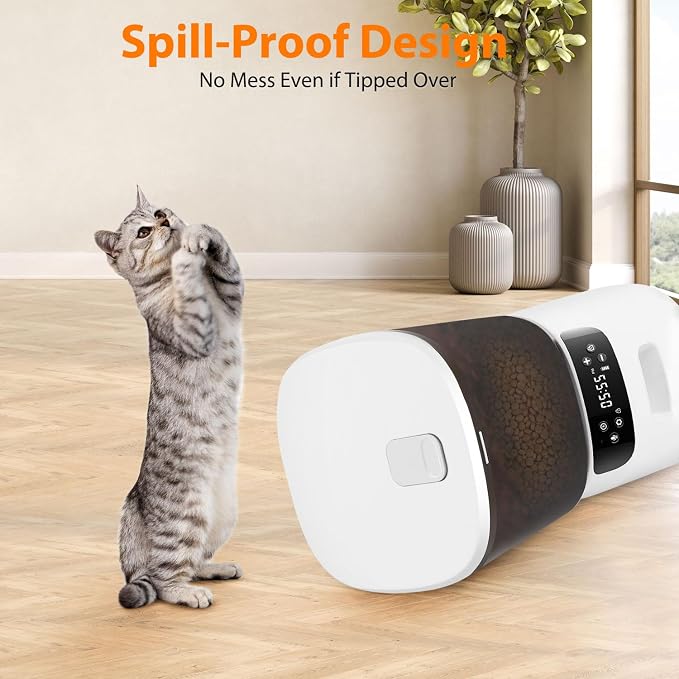 Automatic Cat Feeder, Cat Food Dispenser with Stainless Steel Bowl, Timed Portion Control 20 Portions 6 Meals Per Day, Voice Recorder, Dual Power Supply for Small Dogs (White)