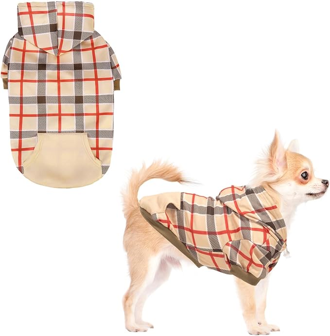 KOOLTAIL Plaid Dog Hoodie for Small Medium Large Dogs - Pet Clothes Sweater with Hat and Pocket for Cold Weather Winter, Warm Soft Dog Hooded Sweatshirt Coat Outfit for Puppy Cats Girls Boys Beige S