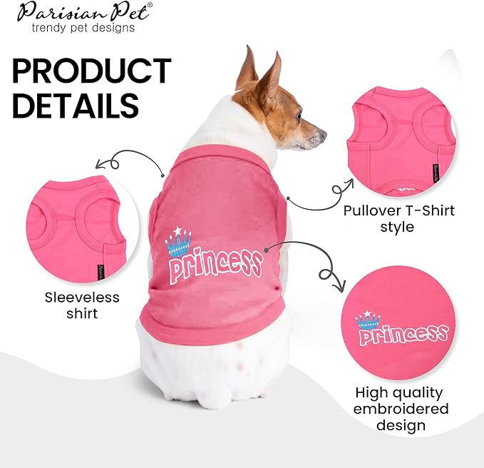 Parisian Pet Dog T-Shirt - Embroidered ' Princess' Breathable Pink Dog Shirt - Sleeveless Pet Vest - Princess Dog Clothes - Machine Washable Dog Shirts for Small Dogs - S