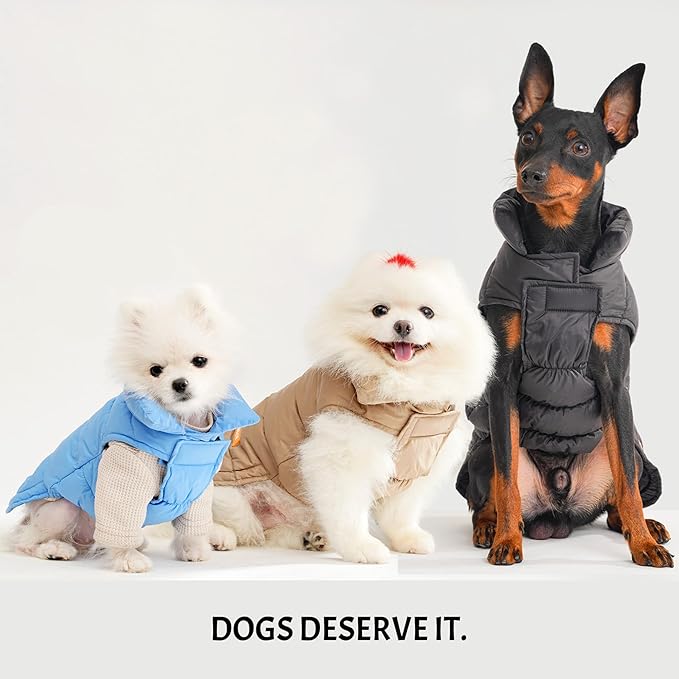 SPACE LION Dog Puffer Jacket, Down Winter Coat, Durable Outdoor Coat for Cold and Windy Conditions, Lightweight & Adjustable Fit Coats for Small Dogs, (Khaki, Size10/S)
