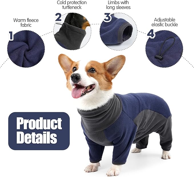 Dog Winter Coat - Soft Warm Pajamas, Windproof Fleece Dog Sweatshirt, Cold Weather Clothes, High Neck Full Body Onesie for Walking, Hiking, Travel, Home Wear, Blue Grey M