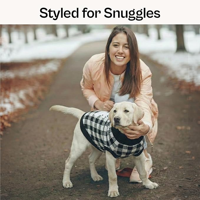 Parisian Pet Dog Sweaters - Cable Knit Dog Christmas Outfit - Fall, Winter Pet Clothes - Christmas Sweater for Large Dogs - Pullover Turtleneck White and Black Checkered Puppy Outfits - 2XL