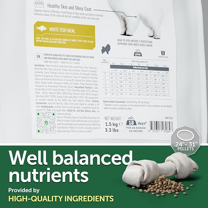 Nature's Protection Puppy Food Small Breed - High Protein, Grain-Free, Tear Stain Formula Dry Dog Kibble for White & Light Fur Dogs (Superior Care - White Fish, 3.3 lb)