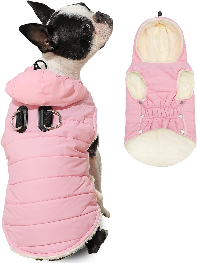 Fleece Lining Dog Hoodie with Harness Built in,Extra Warm Small Dog Jacket in Winter Puppy Coats with Drawstring Hooded,Light Pink M