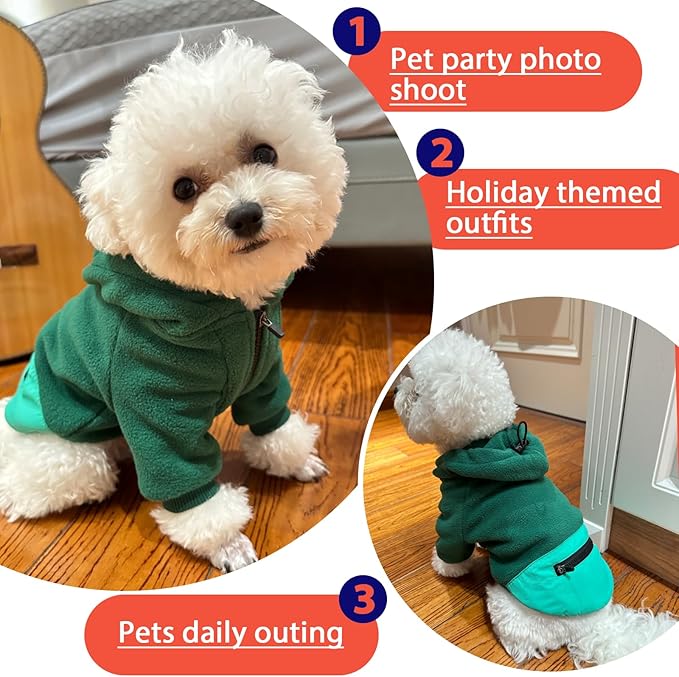 Dog Hoodie|Fleece Lined Sweatshirt with a Pocket on The Back,Drawstring Hooded Design,Zippered Collar Easy to Put on and Take Off,Suitable for Extra Small Dogs Chihuahua,Green,XS