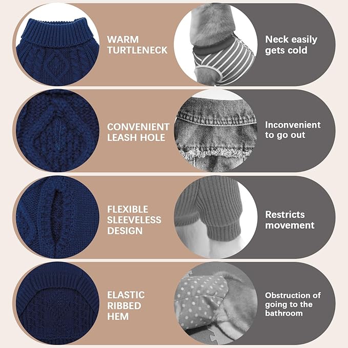 BINGPET Thermal Knitted Dog Sweater for Small Medium Large Dogs,Winter Dog Cat Coat Warm Sweartershirts Outfits,Classic Cable Knit Turtleneck Pullover Dog Jumper Coat Warm Sweartershirts