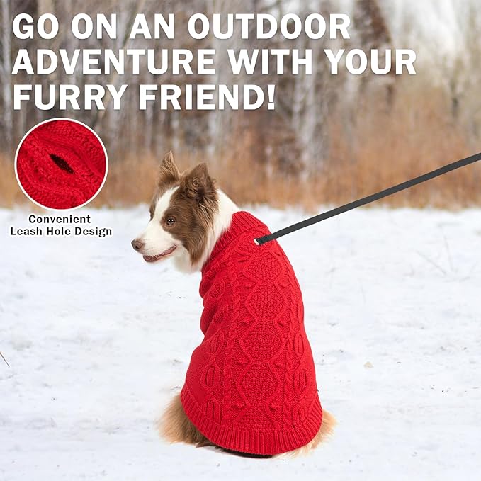 SCENEREAL Knitted Dog Sweater for Large Medium Small Dogs, Christmas Pet Clothes Warm Sweatershirts Outfits, Classic Dog Winter Coat with Leash Hole, Soft Pet Knitwear Apparel for Girls Boys, Red S