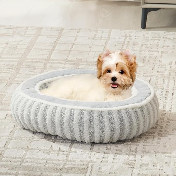Small Dog Beds for Small Dogs, Washable Cat Beds for Indoor Cats with Anti-Slip Bottom, Supportive Soft Calming Sleeping Pet Bed for Puppy and Kitten, 21 inches, White