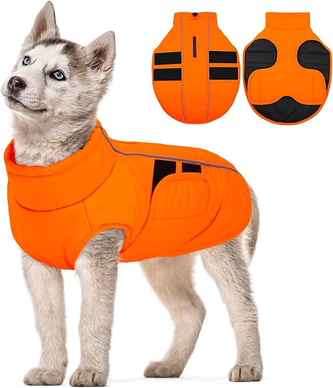 Kuoser Dog Jackets for Small Dogs, Warm Dog Coat, Puppy Winter Jacket Pet Clothes for Cold Weather, Reflective Waterproof Doggie Winter Vest for Pug Dachshund, Warm Hunting Vest, Orange S