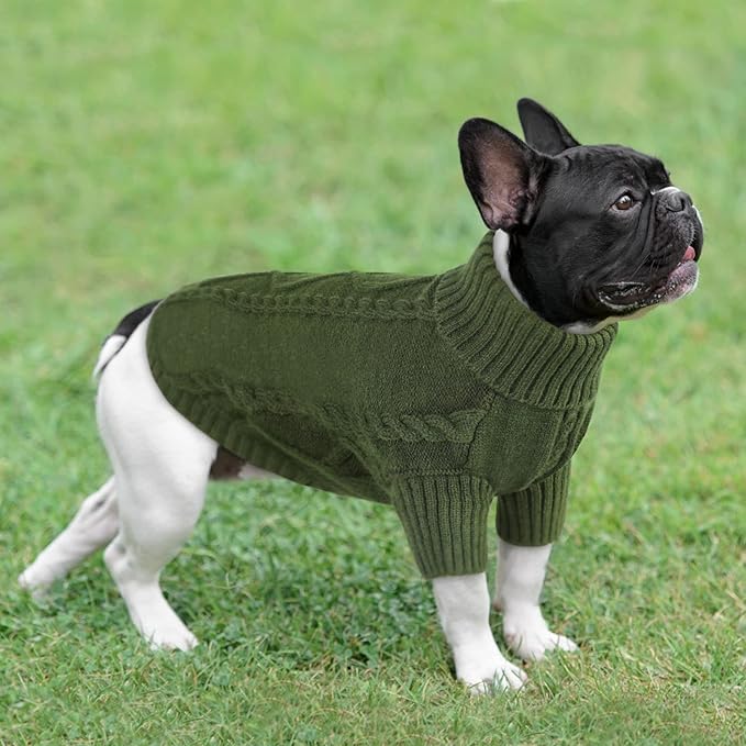Queenmore Small Dog Pullover Sweater, Cold Weather Cable Knitwear, Classic Turtleneck Thick Warm Clothes for Chihuahua, Bulldog, Dachshund, Pug (Army Green, X-Large)
