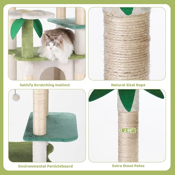 HYABi 64.5-Inch Cute Avocado Flower Large Tall Garden Cat Tree Tower Condo House Furniture Bed Plush Ball Activity Platform Multi-Level with Scratching Posts for Indoor Cats Play