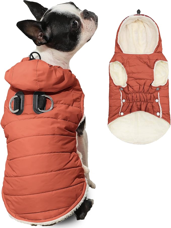 Fleece Lining Dog Hoodie with Harness Built in,Extra Warm Small Dog Jacket in Winter Puppy Coats with Drawstring Hooded,Orange S