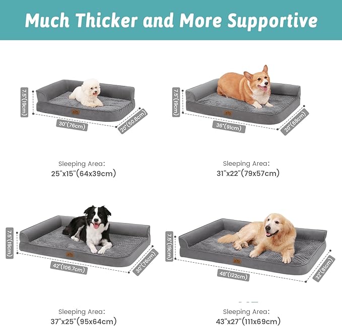 COZY KISS Orthopedic Dog Bed for Large Medium Size Dog, Dogs Crate Bed, L Shaped Foam Anti-Slip Bottom Pet Cat Sofa with Washable Removable Cover, Suitable for Pet Up to 75 lbs, 36x27x7.5 inch, Grey