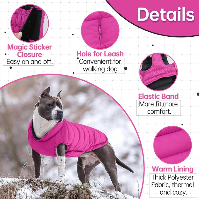 Lelepet Reversible Dog Coat Waterproof Dog Jacket Windproof Puffer Vest for Winter Warm Lightweight Coats for Medium Dogs Adjustbale Hook & Loop Pet Apparel with Leash Hole, French Bulldog, Rose Red L