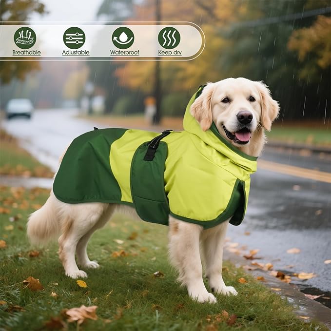 BRKURLEG Dog Raincoat for Small Medium and Large Dogs Waterproof Dog Rain Jacket Adjustable Hooded Dogs Raincoat Pet Rain Coat Poncho with Leash Hole, Reflective Strip, Green, L
