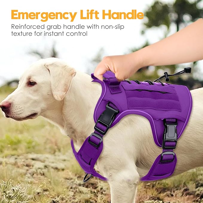 Heavy-Duty Tactical Dog Harness for Large Dogs, No Pull Adjustable Reflective Pet Vest with Molle System, K9 Military-Grade Control for Service Training, Outdoor & 10+ Breeds, Purple, Large