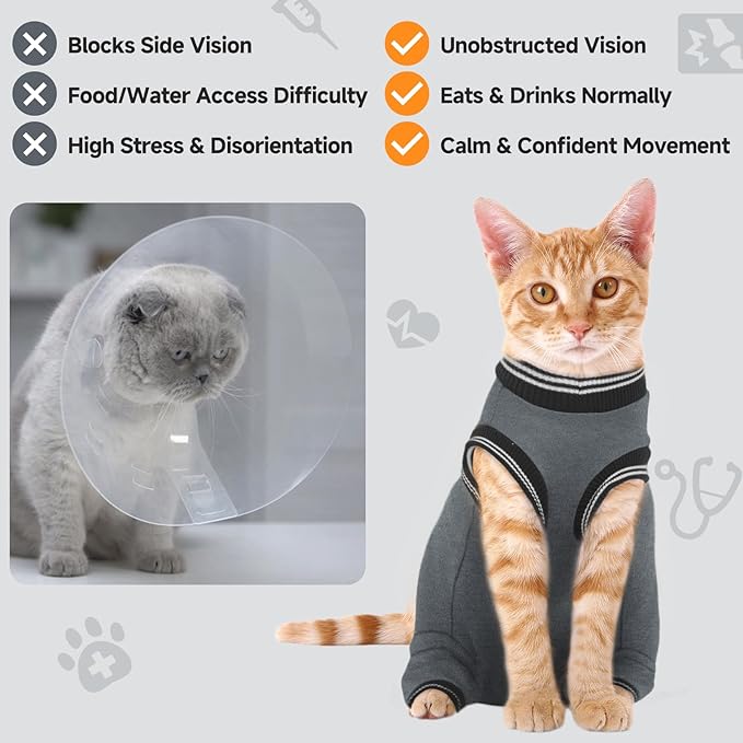Stress-Free Cat Recovery Suit for Female Cats - Vet-Backed E-Collar Alternative, Anti-Lick & Rear Access Design Gray S