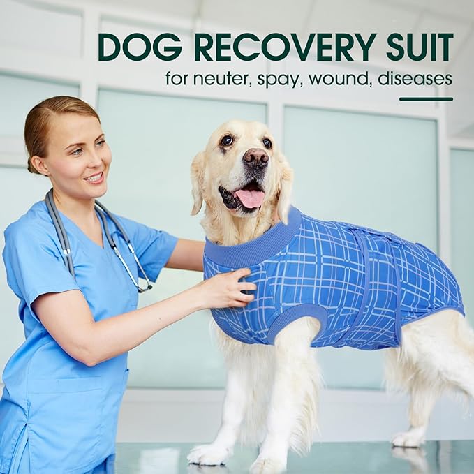 Kuoser Dog Recovery Suit for Female Male Dogs, Post-Surgery Bodysuit for Spay Neuter, Dog Onesie After Surgery, Anti-Licking Pet Surgical Recovery Suit, Blue S