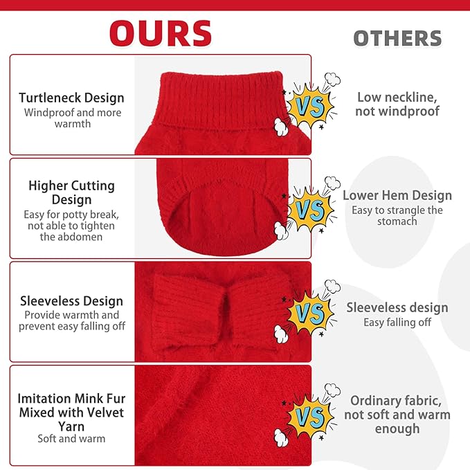 KOOLTAIL Dog Sweater, Fuzzy Thick Super Soft Warm Dog Christmas Sweater Turtleneck Pullover for Cold Weather, Knitted Fleece Pet Fall Clothes Coats for Small Medium Large Dogs Girls Boys, Red SM