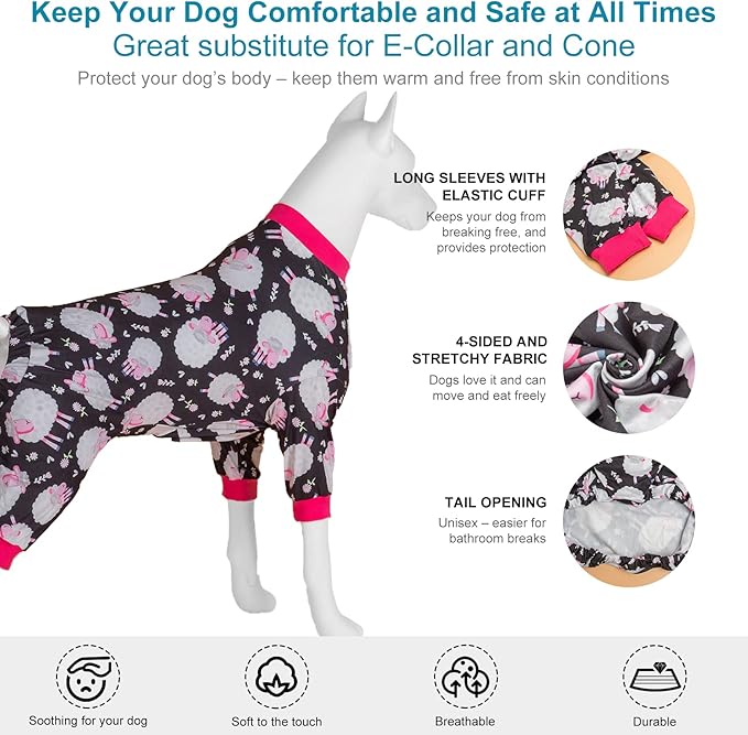LovinPet 3XL Dog Pajamas - Anxiety Calming Dog Jumpsuit, Lightweight Onesie, Black Sheep Print, Large Dog Pjs, Long Sleeve Pullover for Dogs /3XL