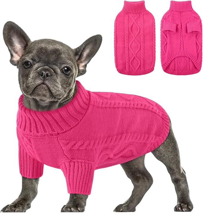 Queenmore Small Dog Pullover Sweater, Cold Weather Cable Knitwear, Classic Turtleneck Thick Warm Clothes for Chihuahua, Bulldog, Dachshund, Pug (Fuchsia, Medium)