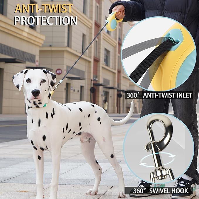 JSXD 360° Tangle-Free Retractable Dog Leash with One-Handed Brake, Pause, Lock, 10 ft Strong Nylon Tape Pet Walking Leash,Suitable for Cats, Small and Medium Dogs up to 66 lbs (Yellow, 10 ft)