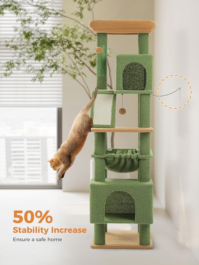 MUTTROS Cactus Tall Cat Tree 71" for Large Cat 20 lbs with Super Large Hammock, Heavy Duty Cat Tower with 4 Sisal Scratching Posts & 2 Spacious Condos for Big Adult Cats Maine Coon-Green