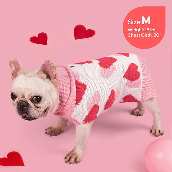 KYEESE Valentines Dog Sweater, Comfy Dogs Coat with Leash Hole, Turtleneck Small Dog Sweater, Stretchy Pullover Pet Sweaters for Small Dogs, Warm Pet Clothes with Heart Print, M