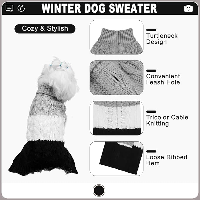 EXPAWLORER Dog Sweater with Leash Hole - Small Dogs Fall Sweaters for Girls Boys,Classic Turtleneck Knitwear Dog Clothes for Cold Weather, Cable Knit Dogs Outfit,Coat,Pet Apparel(Black&Grey,S)