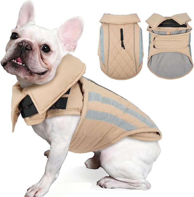 Dog Coats for Medium Dogs Waterproof Warm Winter Jacket with Leash Hole Reflective Turtleneck Fleece Snowsuit Hook & Loop Snow Jackets for Dogs, Khaki M
